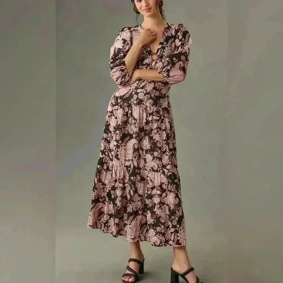 ANTHROPOLOGIE KIVARI V-Neck Puff-Sleeve Linen Dress - Picture 2 of 16